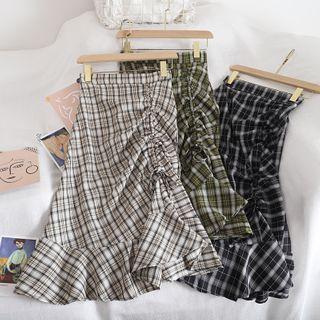 Plaid Drawcord A-line Midi Skirt