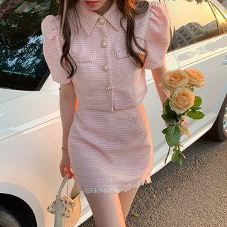 Short-sleeve Polo Collar Plain Single Breasted Top / High-waist Plain Frayed Mini Skirt