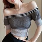 Off-shoulder Color Block Knit Crop Top Gray - One Size
