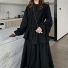 Long-sleeve Ruffled Blouse / High-waist Sheer Skirt