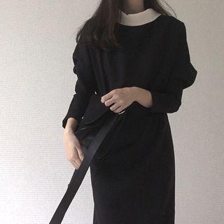 Color Block Long-sleeve A-line Dress Black - One Size