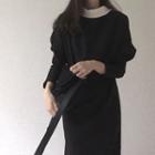 Color Block Long-sleeve A-line Dress Black - One Size