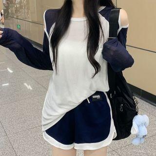 Long-sleeve Cut-out Two-tone Top / Shorts