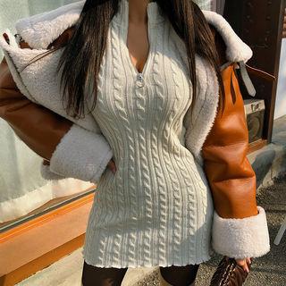 Zip-front Cable-knit Minidress