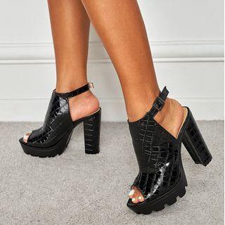 Croc Grain Block Heel Sandals