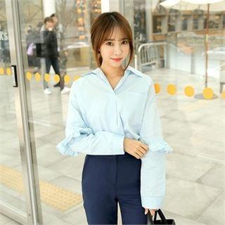 Open-placket Pocket-front Frill-trim Top