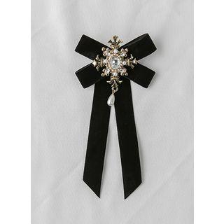 Rhinestone Emblem Ribbon Brooch Black - One Size
