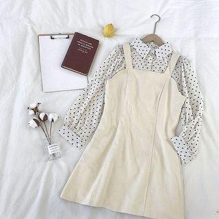 Set: Heart Printed Long-sleeve Blouse + Plain Jumper Dress