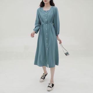 Long-sleeve Buttoned Square-neck A-line Midi Dress