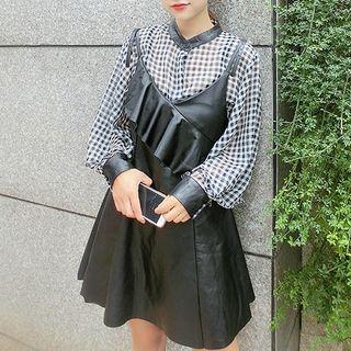 Set: Faux Leather Ruffle Strappy Dress + Gingham Chiffon Blouse