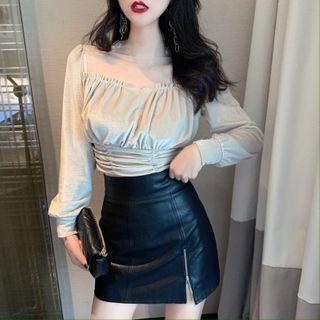 Long-sleeve Ruched Mesh Panel Top Almond - One Size