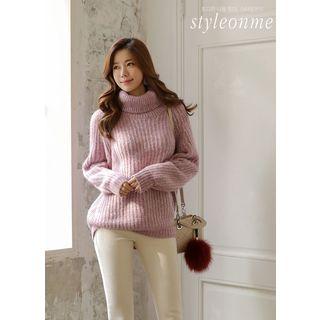 Turtle-neck Raglan Rib-knit Sweater