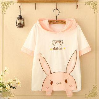 Rabbit Embroidered Hooded Short-sleeve T-shirt