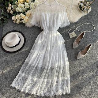 Short-sleeve Lace A-line Midi Dress White - One Size
