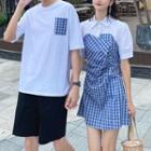 Couple Matching Short-sleeve Gingham Panel T-shirt / Shorts / Puff-sleeve Gingham A-line Dress