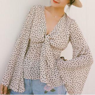 Long Sleeve Dotted V-neck Chiffon Top