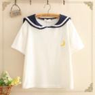 Sailor-collar Crescent Embroidered Top