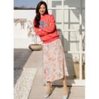 Band-waist Long A-line Floral Skirt Peach - One Size