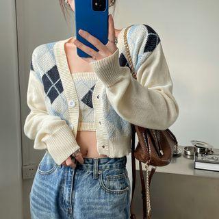 Long-sleeve Argyle Knit Cardigan / Argyle Tube Top