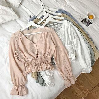 Plain V-neck Frilled Single-breasted Flare-sleeve Chiffon Top