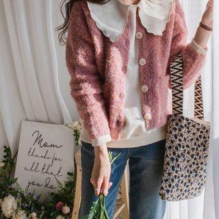 Round-neck Melange Cardigan Pink - One Size