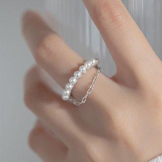 Faux Pearl Chained Layered Sterling Silver Open Ring