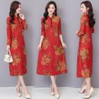 Traditional Chinese Long-sleeve Patterned A-line Midi Dress