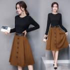 Mock Two-piece Long-sleeve T-shirt Midi A-line Dress
