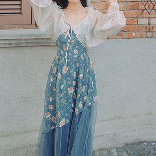 Set: Ruffle Open Front Cropped Jacket + Flower Print Spaghetti Strap Midi A-line Dress