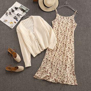 Set: Plain Cardigan + Floral Strappy Midi A-line Dress