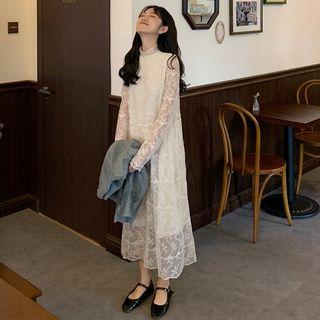 Long-sleeve A-line Midi Lace Dress As Shown In Figure - One Size