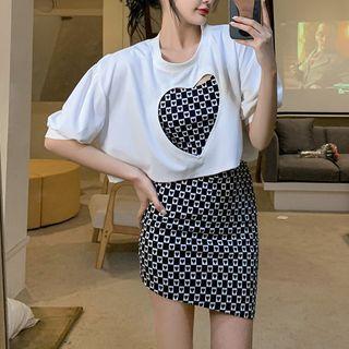 Short-sleeve Cut-out T-shirt / Spaghetti Strap Heart Print Mini Sheath Dress