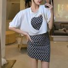 Short-sleeve Cut-out T-shirt / Spaghetti Strap Heart Print Mini Sheath Dress