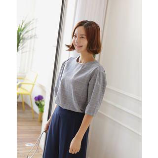 Puff-sleeve Glen-plaid Top