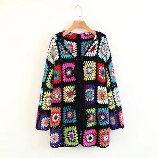 Tasseled Crochet Knit Tie-front Cardigan Red & Purple & Black - One Size