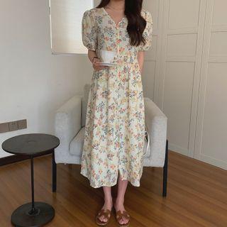 Puff-sleeve Floral Print Midi A-line Dress Floral - Orange - One Size