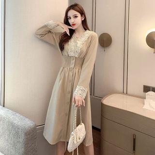 Lace Trim Buttoned Long-sleeve A-line Midi Dress