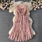 Square-neck Floral Lace Puff-sleeve Chiffon Dress