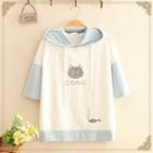 Color-block Cat & Fish Embroidered Short-sleeve Hoodie