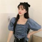 Denim Off-shoulder Drawstring Blouse Blue - One Size