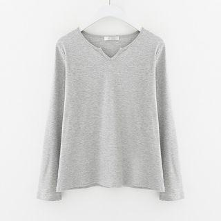 Long Sleeve Notch Neck Ribbed T-shirt