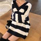 Striped V-neck Sweater Stripe - Black & White - One Size