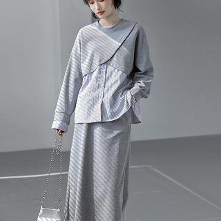 Mock Two-piece Striped Panel Sweatshirt / Midi Skirt / Set