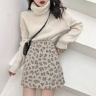 Turtleneck Sweater / Leopard Print Mini A-line Skirt / Set