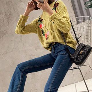 Flower Embroidered Sweater Yellow - One Size