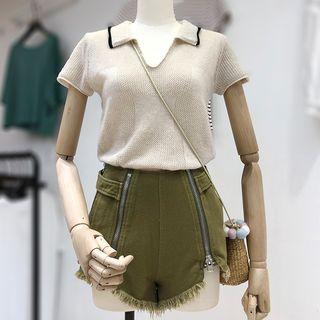 Set: V-neck Short-sleeve Knit Top + Frayed Hem Shorts