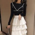 Long-sleeve Contrast-trim Knit Top / Midi A-line Tiered Skirt