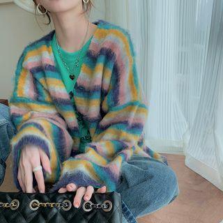 Long-sleeve Lettering T-shirt / Striped Cardigan