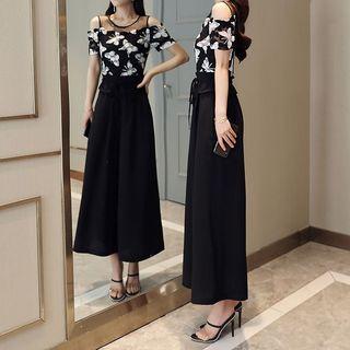 Set: Cold-shoulder Printed Top + Wide Leg Pants