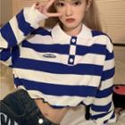 Collar Striped Cropped Sweatshirt Blue - One Size